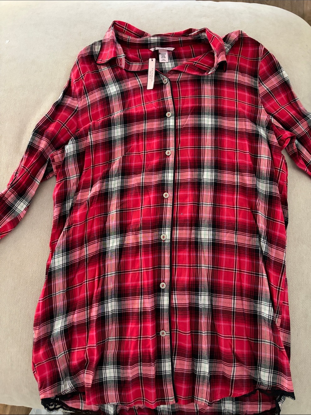 Victoria's Secret Red Plaid Long Button-Down Shirt